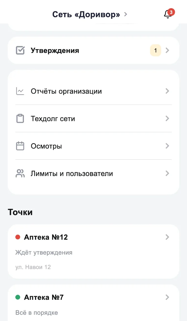 Кабинет: объекты сети со статусами и отчёты
